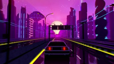 Retro-futuristic 80s style drive in neon city. Cyberpunk sunset landscape with a moving car on a highway road. VJ synthwave looping 3D illustration for music video. 4K stylized vintage clipart