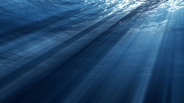 Underwater view with ocean waves flowing in the clear blue water. Beautiful aquatic view with sunbeams shining and creating god rays in the deep sea. 3D illustration with swells and tidal waves