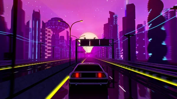 Retro-futuristic 80s style drive in neon city. Cyberpunk sunset landscape with a moving car on a highway road. VJ synthwave looping 3D illustration for music video. 4K stylized vintage