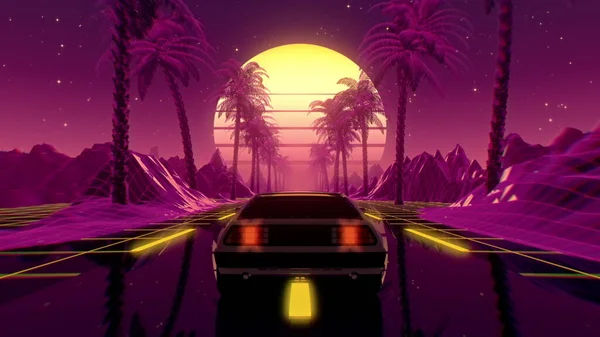 80年代复古未来派科幻小说3D插图与老式汽车 骑在逆波Vj视频游戏景观 霓虹灯和低的多网格 风格化的网络朋克蒸汽波背景 — 图库照片