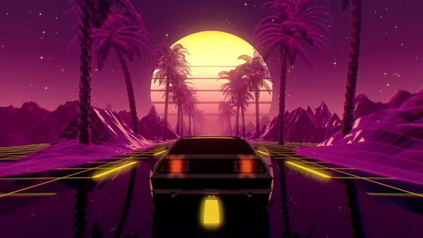 Retro Futuristická Sci Ilustrace Let Historickým Vozem Jízda Retrowave Videoherní — Stock fotografie