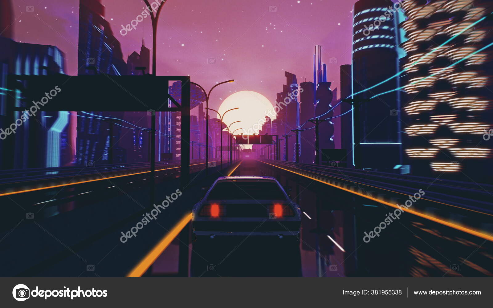 Retro Futuristic 80s Style Drive Neon City Cyberpunk Sunset Landscape Royalty Free Photo Stock Image By C Eduard M 381955338