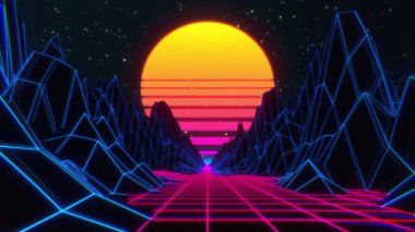 80s retro futuristic sci-fi background. Retrowave VJ videogame landscape with neon lights and low poly terrain. Stylized vintage cyberpunk 3D illustration with mountains, sun and glowing stars. 4K clipart