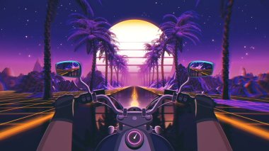 80s retro futuristic sci-fi background with motorcycle pov. Riding in retrowave VJ videogame landscape, neon lights and low poly grid. Stylized biker vintage vaporwave 3D animation background. 4K clipart