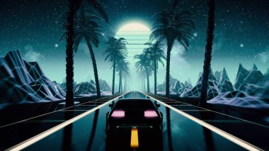 80s retro futuristic sci-fi seamless loop with vintage car. Riding in retrowave VJ videogame landscape, blue neon lights and low poly grid. Stylized cyberpunk vaporwave 3D animation background. 4K clipart