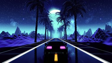 80s retro futuristic sci-fi seamless loop with vintage car. Riding in retrowave VJ videogame landscape, blue neon lights and low poly grid. Stylized cyberpunk vaporwave 3D animation background. 4K clipart
