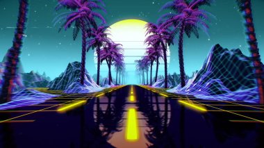 80s retro futuristic sci-fi background. Retrowave VJ videogame landscape with neon lights and low poly terrain grid. Stylized vintage cyberpunk vaporwave 3D render with mountains, sun and stars. 4K clipart