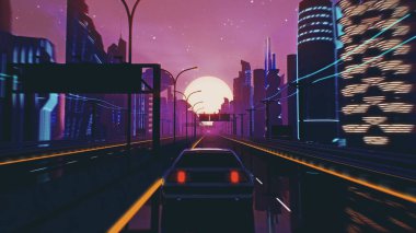 Retro-futuristic 80s style drive in neon city. Cyberpunk sunset landscape with a moving car on a highway road. VJ synthwave looping 3D illustration for music video. 4K stylized vintage clipart