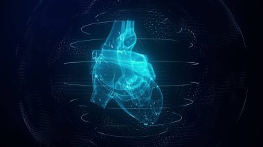 Anatomik olarak doğru mavi dijital insan kalbi. Fütürist parçacık kardiyak tomografi 3D tarama. MR geleceği, hastalık tedavisi, sağlık ve tıbbi konsept 4k