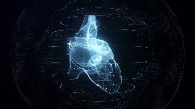 Anatomik olarak doğru mavi dijital insan kalbi. Fütürist parçacık kardiyak tomografi 3D tarama. MR geleceği, hastalık tedavisi, sağlık ve tıbbi konsept 4k