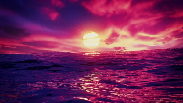 海の上に赤い美しい夕日 輝く太陽は 水のうねりと光の反射で夕暮れに輝きます 赤い空と波と素晴らしい海 夏の日の出の海 3Dイラスト — ストック写真