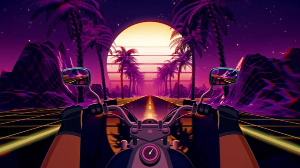 80s retro futuristic sci-fi background with motorcycle pov. Riding in retrowave VJ videogame landscape, neon lights and low poly grid. Stylized biker vintage vaporwave 3D animation background. 4K