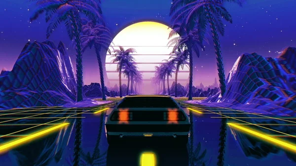 stock image 80s retro futuristic sci-fi 3D illustration with vintage car. Riding in retrowave VJ videogame landscape, neon lights and low poly grid. Stylized cyberpunk vaporwave background. 4K