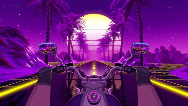 80s retro futuristic sci-fi background with motorcycle pov. Riding in retrowave VJ videogame landscape, neon lights and low poly grid. Stylized biker vintage vaporwave 3D animation background. 4K