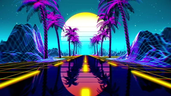 80S Retro Futuristic Sci Background Retrowave Videogame Landscape Neon Lights — Stock Photo, Image