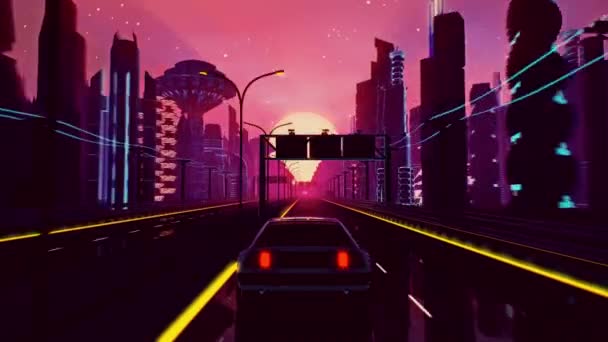 Loop sem costura de paisagem cyberpunk por do sol com um carro em movimento em uma estrada de estrada — Vídeo de Stock