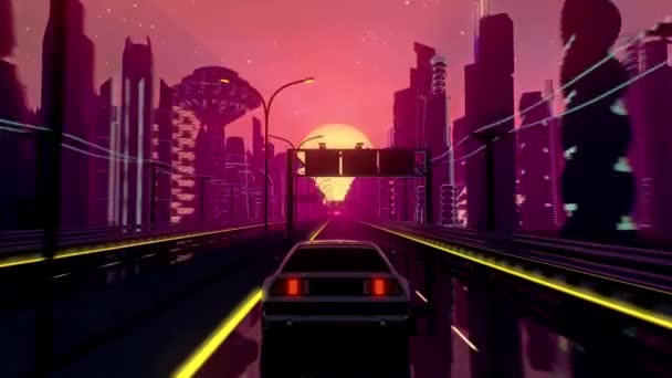 Sömlös loop av cyberpunk solnedgång landskap med en rörlig bil på en landsväg väg — Stockvideo
