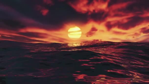Roter schöner Sonnenuntergang über dem Ozean, nahtlose Schleife mit rotem Himmel und Meer mit Wellen — Stockvideo