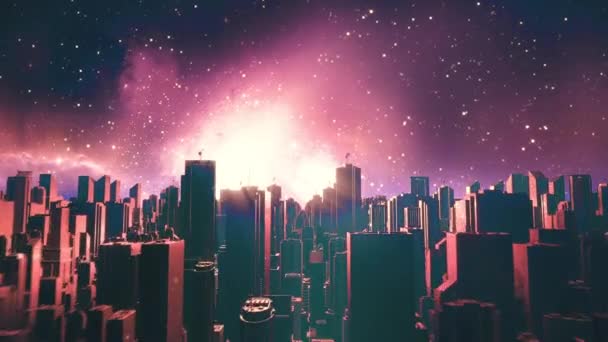 Retro futurista ciudad vuelan a través de bucle sin fisuras. 80s sci-fi paisaje en el espacio — Vídeo de stock