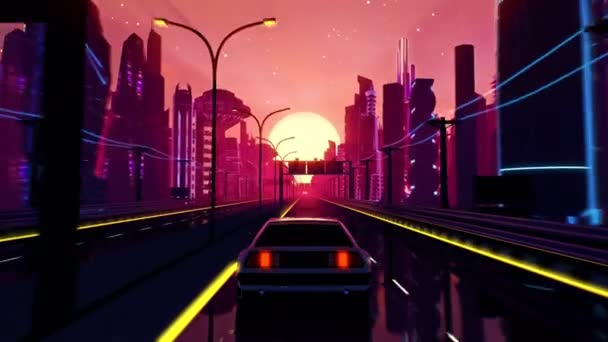 Seamless loop of cyberpunk sunset landscape with a moving car on a highway  road — Stock Video © Eduard_M #381996000