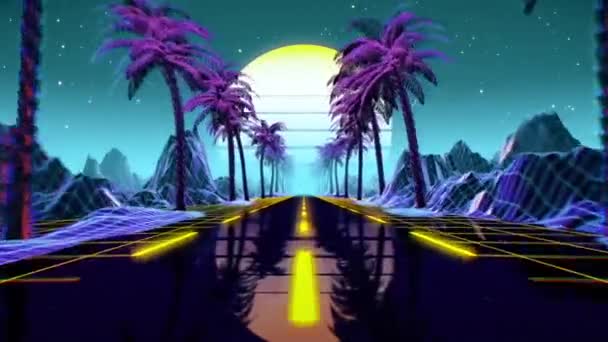 80s retro futuristic sci-fi seamless loop. VJ landscape with neon lights — Stock Video