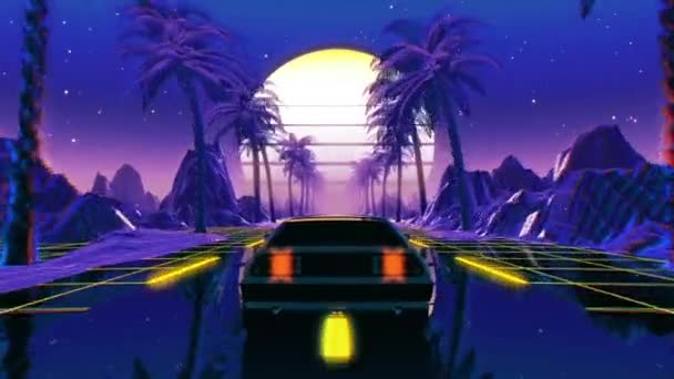 80s retro futuristic sci-fi seamless loop. VJ landscape with vintage car — Stock Video
