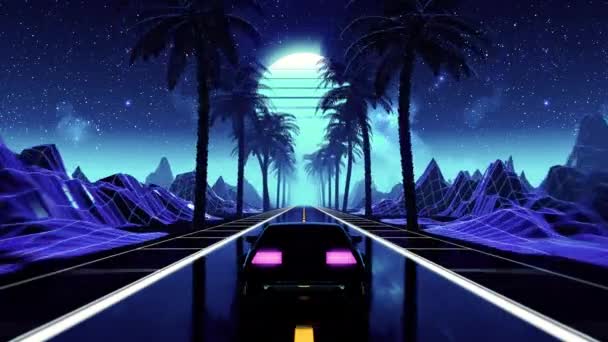 Boucle sans couture de science-fiction futuriste rétro des années 80. Paysage VJ avec voiture vintage — Video