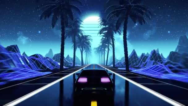 80-talets retro futuristiska sci-fi sömlös loop. VJ landskap med vintage bil — Stockvideo