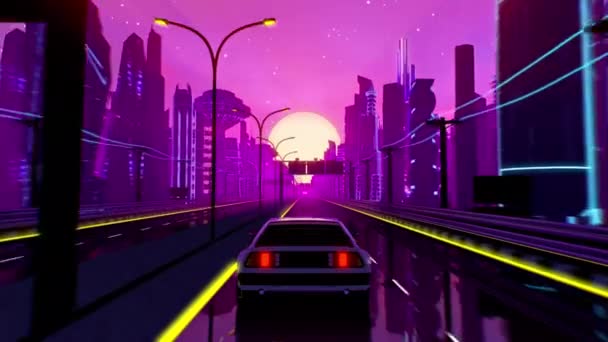 Seamless loop of cyberpunk sunset landscape with a moving car on a highway road — Stock Video