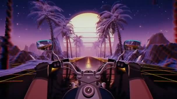 80-talets retro futuristiska sci-fi sömlös loop. VJ landskap med motorcykel pov — Stockvideo