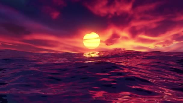 Rojo hermoso atardecer sobre el océano lazo sin costuras con el cielo rojo y el mar con olas — Vídeos de Stock