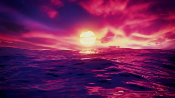 Červený krásný západ slunce nad oceánem bezešvé smyčky s červenou oblohou a moře s vlnami — Stock video