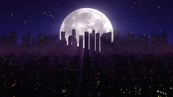 80年代夜城合成VJ无缝环路，有霓虹灯、月亮和星星 — 图库视频影像