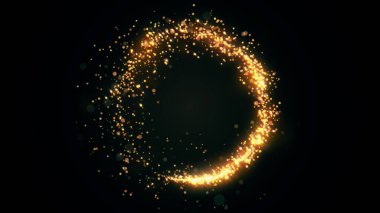 Işıl ışıl parıldayan altın bir daire. Parlayan Noel altın parçacıkları ve siyah arka planda parıldayan yüzükler. Bokeh ve Işıltı ile gösterişli sihirli şenlik efekti. Toz izi Ultra HD 4K içinde 3D oluşturma