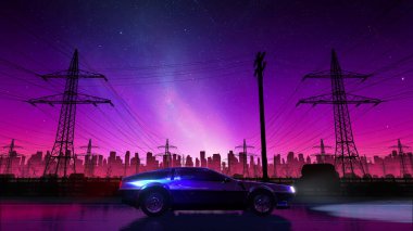80s retro country drive with vintage car. Stylized rural landscape in outrun VJ style, night sky and a city. Vaporwave 3D illustration background for music video, DJ set, clubs, EDM music clipart
