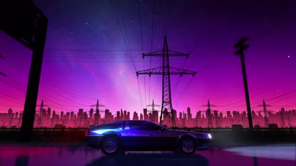 80s retro drive seamless loop. Stylized rural landscape in outrun VJ style — Stock Video