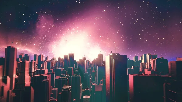 Retro futurystyczne miasto przelatuje przez tło. Krajobraz sci-fi lat 80 w kosmosie — Zdjęcie stockowe