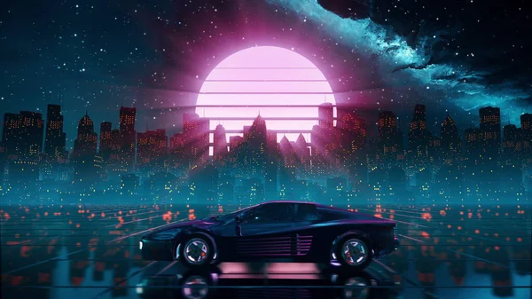 80 años retro futurista unidad de fondo. Estilizada ciudad de ciencia ficción en estilo outrun —  Fotos de Stock