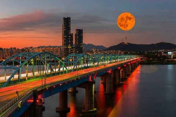 downtown lotte and han river best view landmark and traffic in Seoul,South Korea