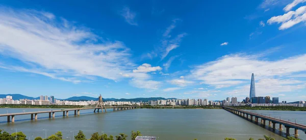 downtown lotte and han river best view landmark and traffic in Seoul,South Korea