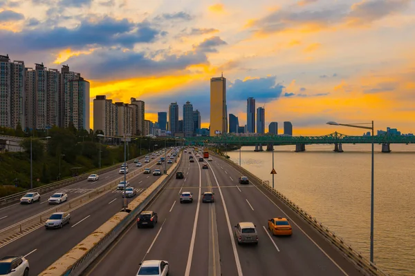 downtown lotte and han river best view landmark and traffic in Seoul,South Korea