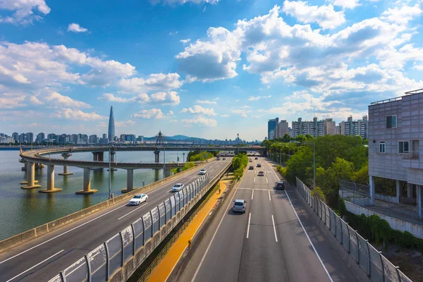 downtown lotte and han river best view landmark and traffic in Seoul,South Korea