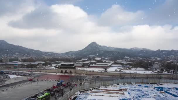 Vintersnö Gyeongbokgung Palace Mest Populära Turistattraktionerna Seoul South Korea Snö — Stockvideo
