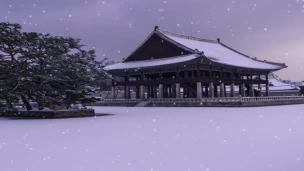 Tijdverlies Korea Winter Sneeuwstorm Gyeonghoeru Paviljoen Gyeongbokgung Palace Seoul Zuid — Stockvideo