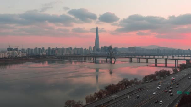 Time Lapse Trafik Och Solnedgång Vid Floden Seoul Stad Sydkorea — Stockvideo