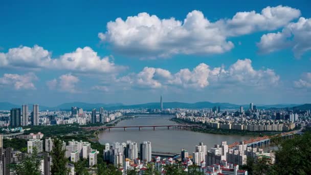 韓国の夏の梅峰山から見たソウル市 近代的な建物と橋の上のトラフィックを持つ漢江の風景 — ストック動画