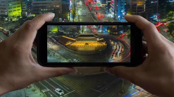 Animáció Érintőképernyő Smart Phone Rekord Videó Idő Múlásával Namdaemun Kapunál — Stock videók