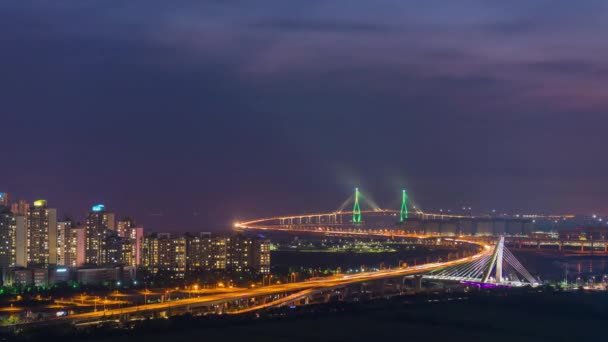 Tijdverlies Zicht Verkeer Incheonbridge Nigth Bij Incheon City Zuid Korea — Stockvideo