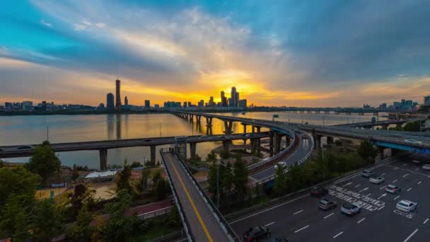 Time Lapse Best View Traffic Yeouido District Han River Sunset — Stock Video