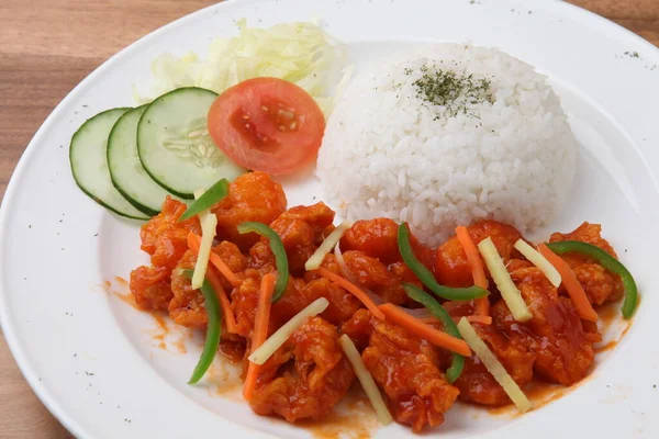 Teriyaki Huhn Mit Reis Auf Weißem Teller — Stockfoto